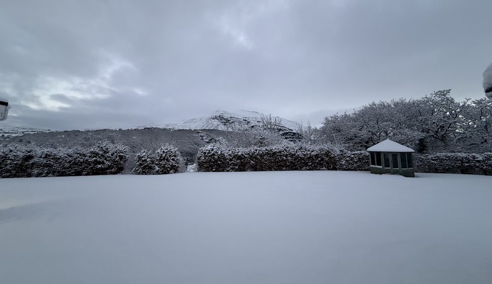 The lawn and summer house under snow